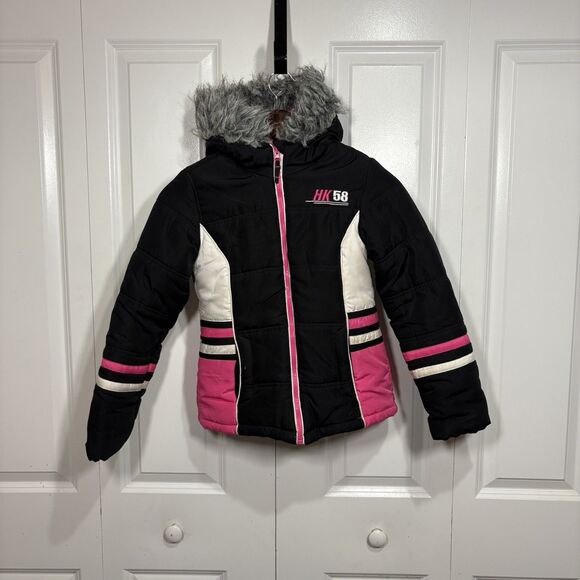 HK58 Hawke & Co Girls Jacket 10/12 Black Pink Puffer Hooded Winter Coat Warm - Picture 1 of 11